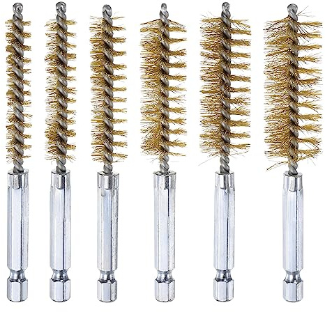 sourcing map 6Pcs Bore Brush Set 8mm,10mm,12mm,15mm,17mm,19mm Different Bristle Lengths Brass Twisted Wire Cleaning Brush with 1/4 Hex Shank for Tubes