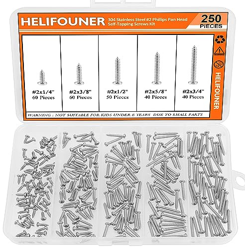 #2 x 1/4 3/8 1/2 5/8 3/4 Wood Screws Set, HELIFOUNER 250 Pieces Phillips Pan Head Self-Tapping Screws Assortment Kit, Phillips Pan Head Wood Screws, 304 Stainless Steel
