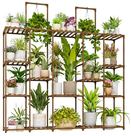 Bamworld Plant Stand Indoor Large Plant Shelf 62.2 Tall Wood Plant Holder Outdoor for Multiple Plants Hanging Plant Rack for Living Room Garden Balcony, Brown