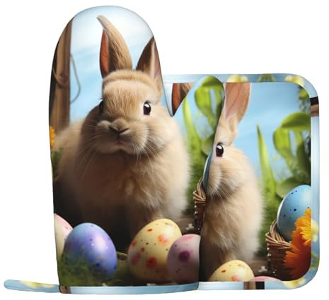 UNIOND Ofenhandschuhe und Topflappen, Motiv: Osterhase und Ostereier, 2er-Set, rutschfeste Silikon-Ofenhandschuhe, hitzebeständig, heiße Pads für Küche, Kochen, Backen, Grillen