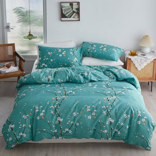 STYHO Floral Printed Bedding Set Double 3 Pieces Teal Plum Blossom Duvet Cover Sets with Pillowcases Soft Reversible Stylish Botanical Branch Duvet Covers for All Seasons(Teal, Double)