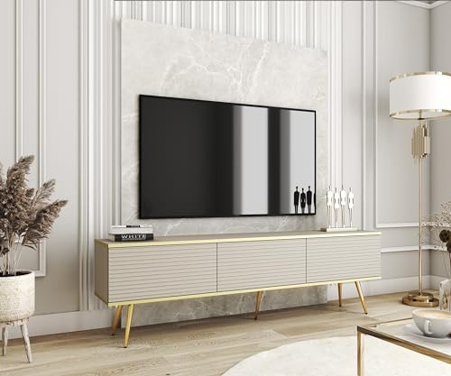 3E 3xE living.com TV- Schrank mit Lamellen in Beige mit goldenen Beinen, D: L: 175 cm, H: 53 cm, T: 32 cm