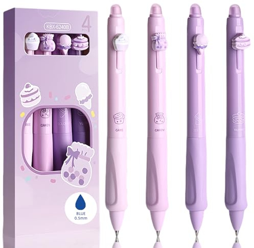 Radierbarer Kugelschreiber Set Mit 4 Stiften - Kuchen, Eis, Nachspeisen Yummy-Design - Kugel Zum Entfernen Der Tinte - Blau - Durchmesser 0,5 mm