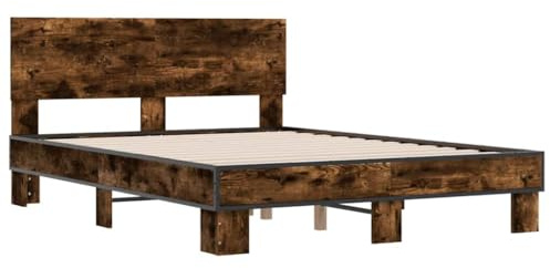 vidaXL Estructura Cama Madera ingeniería Metal Roble Ahumado 135x190cm, Cama, Mueble para Dormitorio, Base de Cama, Camas, Cama de Invitados