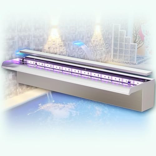 LONGRUN Kit de Lames Cascade de Bassin de 60 cm, Cascade en Acier Inoxydable 304, Fontaine de Piscine extérieure avec lumières LED 7 Couleurs et télécommande, Largeur 15 cm