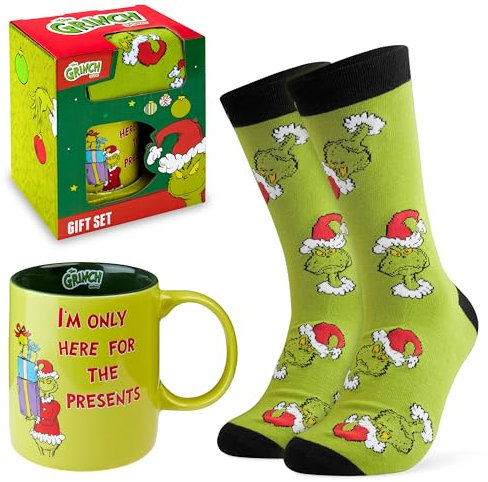 The Grinch Mug and Calf Socks Gift Set for Men Teenagers, Funny 325ml Ceramic Mug Soft Socks, Festive Xmas Secret Santa Gifts for Him