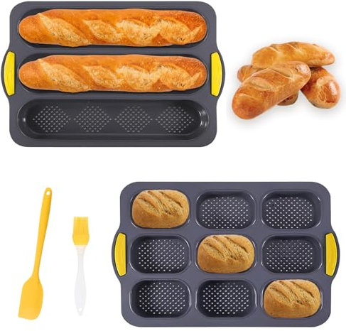 gvivej Baguette Backform, 2 Stück Brötchen Backform, Antihaft Silikon Baguetteform, Brotbackformen klein mit Silikonmesser und Pinsel, für Brot Backen, Grau