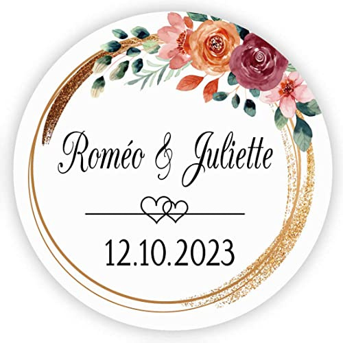 MameArt 50stk 4cm Personalisiert Hochzeit Aufkleber, mit Namen und Datum Sticker für Hochzeit Gastgeschenk Taufe Kommunion Geburtstag Feste Geschenke Präsente (Kranz N)
