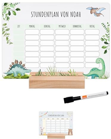 wunderwunsch® - Personalisierbarer & Abwaschbarer Stundenplan aus Acryl + Stift und Holzhalter - Einschulung Geschenk, für Schultüte zum Schulanfang oder Grundschule (Dinosaurier,mit Holzhalter)