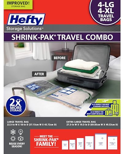 Hefty Shrink-Pak Travel Storage Bags – For Clothes, Pillows, Towels, Blankets & More – Space Saver Suction Sealer Bags for Luggage or Moving – 4 Large, 22.5x18 Inches, 4 XL, 27.5x 19.5 Inches