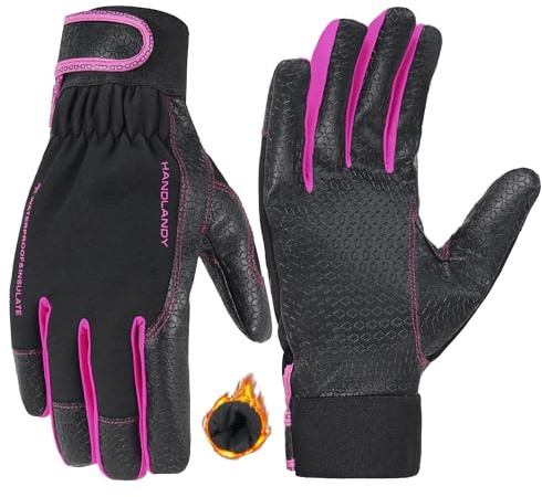 HANDLANDY Guantes de trabajo térmicos de cuero para mujer, impermeables, para clima frío, para conducir, senderismo, correr, trabajo al aire libre (negro-rosa, S)