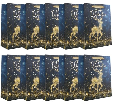 Idena 30496-10 - Geschenktüten Frohe Weihnachten, 10 Stück, Geschenktaschen in der Größe 25 x 34 x 9 cm, Papiertüten in Schwarz und Gold