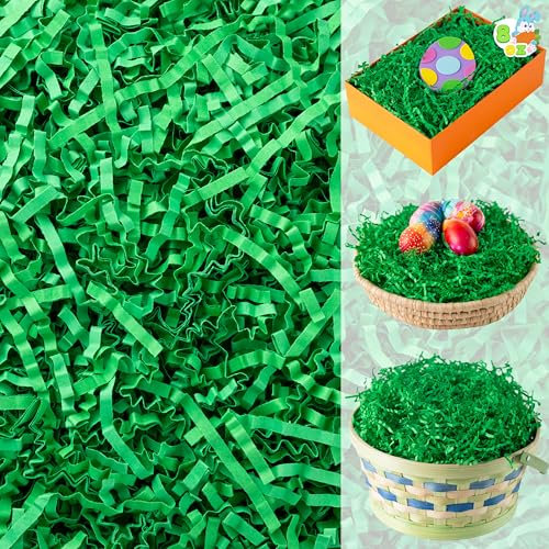 JOYIN Erba pasquale da 226,8 g, erba di carta riciclabile, verde scuro puro, taglio increspato in rafia per caccia alle uova di Pasqua, riempitivo per cestini, bomboniere, confezioni regalo
