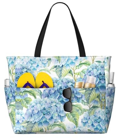 POCUK Sac fourre-tout de plage grande capacité pour femme Motif fleurs d'hortensia, Noir , Taille unique