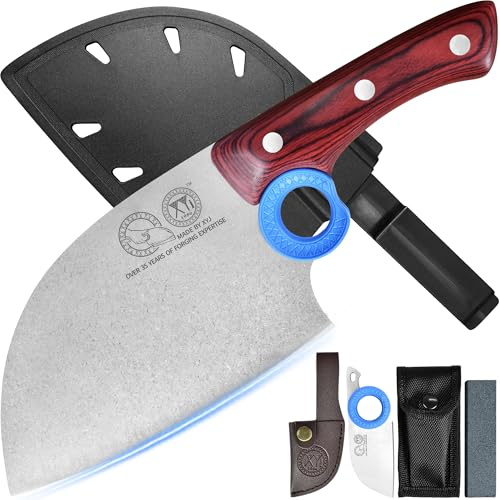 XYJ Authentic Since 1986,Heavy Duty Large Meat Cleaver,Serbian Chef Butcher Knife with Case,Chefs Vegetable Kitchen Knife,Full Tang for Outdoor Camping,Wood Handle with Sheath