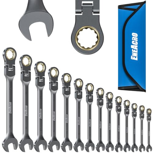 ENEACRO Set di chiavi combinate a cricchetto da 14 pezzi, set di chiavi antiscivolo a testa flessibile, metriche da 6 a 19 mm, 72 denti, struttura in Cr-V, nichelatura con borsa di stoccaggio