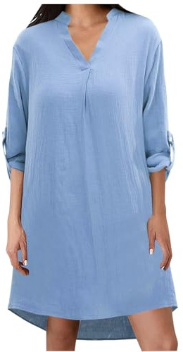 Musselin Kleid Damen Sommer Musselin Bluse Longbluse V-Ausschnitt 3/4 Ärmel Hemdkleid Elegant Tunika Kleid für Frauen Mädchen Freizeitkleid Locker Luftig Midikleid
