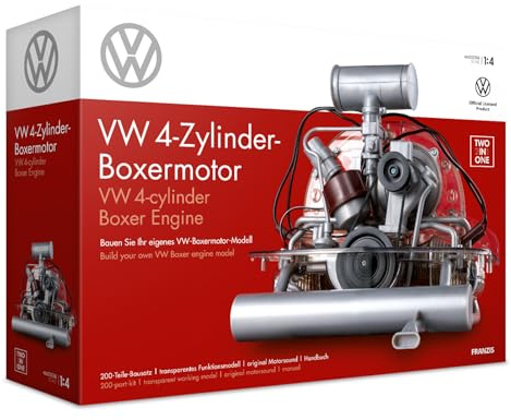 FRANZIS 67308 – Volkswagen VW 4-cylindrig boxermotor 2 i 1, originaltrogen motorbyggsats i skala 1:4, inkl. ljudmodul, instruktioner och 100-sidig ekordbok