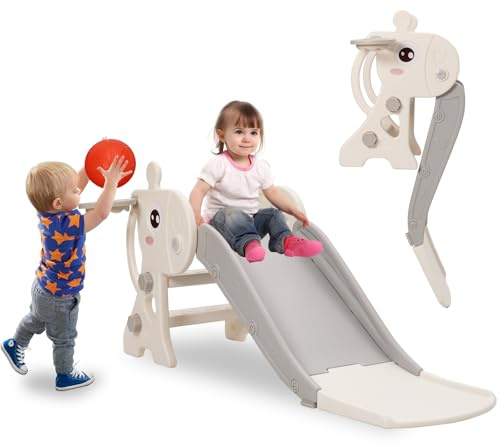 Scivolo per Bambini con Cestino da Basket, Scivolo Pieghevole per Esterno e Interno, Scivolo da Giardino per Bambino 1 2 3 Anni (Grigio+cervo)