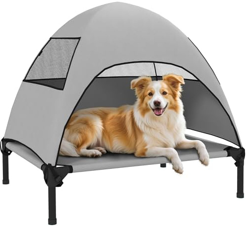 PawHut Hundeliege Outdoor mit Dach Erhöht Stahlrahmen 76x61x71cm Hellgrau | für Mittelgroße Hunde, Kühlendes Haustierliege, Waschbares Mesh, Tragtasche, Haustierbett für Draußen Camping