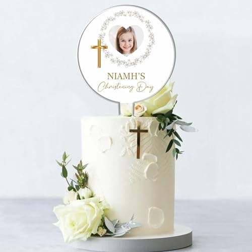 Personalised Photo Acrylic Cake Topper for Christenings, Holy Communions & Confirmations – Custom Child’s Name & Photo with Floral Wreath Designs (Christening Day, White Floral Wreath)