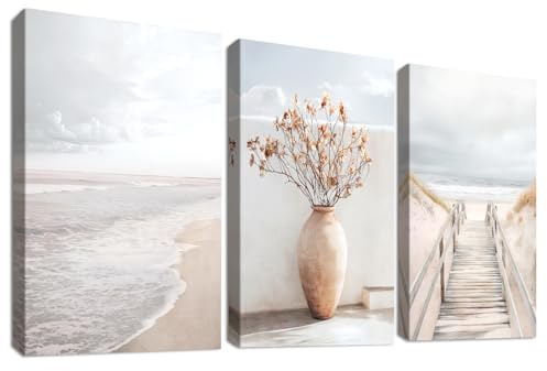3Pcs Pfad zum Meer Strand Leinwand Bilder Set Mit Rahmen Beige Meereslandschaft Bild auf Leinwand Malerei Ozean Küstenlandschaft Wandbilder Wohnzimmer Schlafzimmer Badezimmer Wanddeko 30x40cm x3pcs