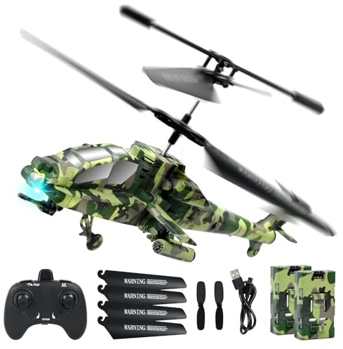 PATEMZON Hélicoptère Télécommandé Enfant, 2,4 GHz Hélicoptère RC Militaire, Avion RC avec 2 Piles et Lumière LED avec Fonction de Décollage à Une Touche, Jouet en intérieur Enfants (Vert Militaire)