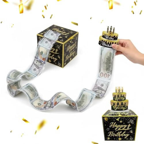Pull String Surprise Money Box Black & Gold Birthday Gift Box with Cash Holder & Card for Celebration Party