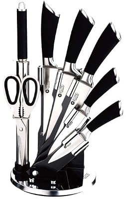 Kimbatex Set de Cuchillos de Cocina Profesional Negro Brillante | 8 Piezas, Acero Inoxidable, Base Giratoria, Incluye Tijeras y Afilador, Modelo Premium