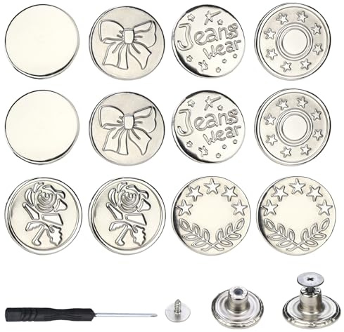 12 Botones para Jeans & Clips Ajustadores de Cintura, Botones de Repuesto Sin Costura, Alfileres de Botón de Metal Ajustables para Apretar Jeans (Plata)