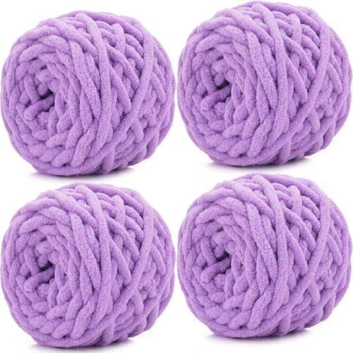 Xtrillogen Chunky Chenille-garn 4 x 100 g, mjukt fluffigt flerfärgat plyschull för virkning & stickning, mjukt tjockt chunkigt virkgarn, stickgarn för filtar, mössor, kuddar (Lätt Lila)