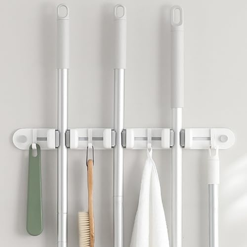 croselyu Wall Mounted Broom and Mop Holder White Aluminum+ABS Storage Rack Non-Marking Organiser with Multiple Hooks for Cleaning Tools,1 pce (Triple clip)