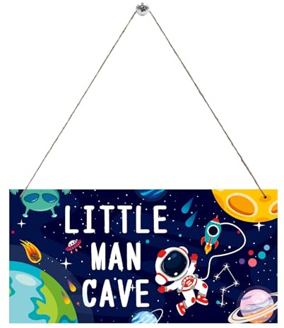 Space Little Man Cave Sign, Wooden Space Themed Little Man Cave Sign with Cute Astronaut Rocket Planet Design for Toddler Kids Boys Room Bedroom Door or Wall Decor