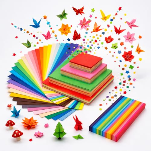 Set de 1750 hojas de papel para origami y papel plegable en 20 colores, 7/10/15/20 cm, con tiras de estrellas de origami: ideal para manualidades, kit de pintura a mano de bricolaje