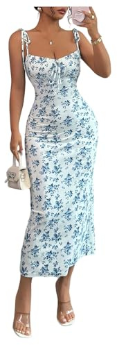 GORGLITTER Women's Ditsy Floral Fishtail Midi Cami Dresses Tie Shoulder Knot Front Wedding Guest Dress