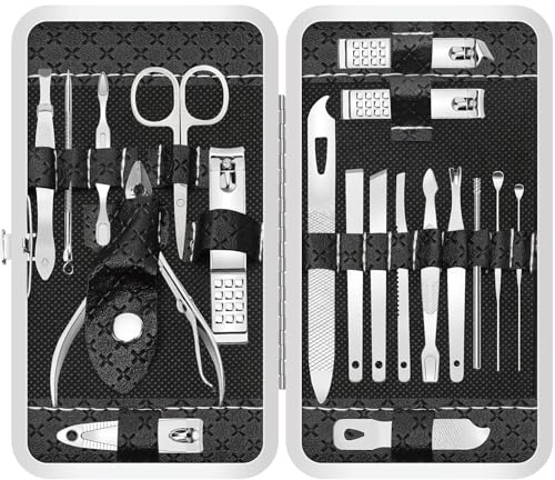 Manicure Set 19 in 1 Nail Clipper Set, Professional Stainless Steel Nail Kit for Women, Men, Nail Care Tools Suitable for Travel Manicure Kit, Grooming Kit with Leather Travel Case