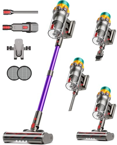 Cordless Vacuum Cleaner, 55KPA 65Mins XL Dust Cup Vacuum Cleaners for Home, Stick Vacuum with Anti-Tangle Brush,LED Display,Self-Standing, Vacuum Cordless for Hardwood Floor, Carpet, Pet Hair,Purple