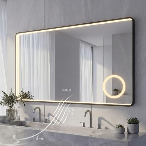 NeoArt LED Badspiegel mit Aluminiumrahmen & Bluetooth, 5mm Kupferfreier HD Silber-Spiegel, 3 Lichtfarben Dimmbar, Wandspiegel mit Touch-Schalter & Anti-Beschlag, Modernes Design & Memory-Funktion