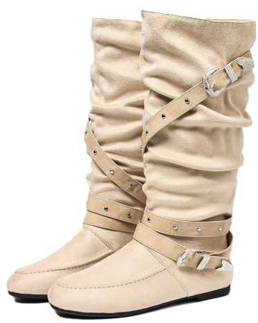 Bottines Western Cowboy Femme Slouchy Tige Haute Froissée Talon Plat | Bottes Tall Hiver Décontractées Avec Boucle Rivets Décor Pour Fêtes Shopping Street Anniversaire