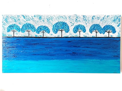 DORON ARTE QUADRO MODERNO ASTRATTO DIPINTO A MANO TELAIO GALLERY BORDI DIPINTI - PAESAGGIO ALBERI AZZURRI - 40x80x4 cm -RIF242