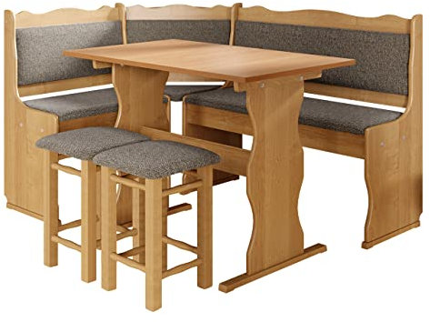 Eckbankgruppe Miki, Erlenholz, Eckbank Gruppe besteht aus Kücheneckbank, 2X Hocker, Tisch, Farbauswahl, Esszimmer Sitzbank (Erle, Peru 10)