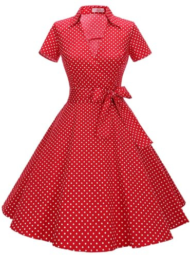 Gonna Vintage Anni 50 60 Audrey Hepburn Vestiti da Cocktail da Donna Elegante di Cotone Manica Corta Small Red White L