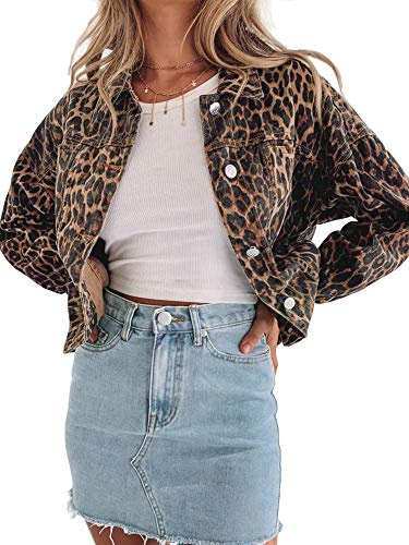 Justalwart Denim Jacket for Women Leopard Print Retro Shape Button-up Front Bomber Jacket - - Small