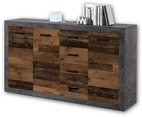 Stella Trading INDIANA Vintage Sideboard in Old Wood Optik, Betonoxid - rustikale Retro Kommode mit viel Stauraum für Ihren Wohnbereich - 152 x 90 x 37 cm (B/H/T),Braun