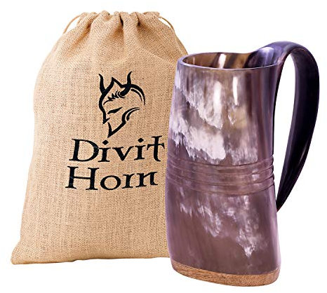 Divit Horn Genuine Viking Drinking Horn Mug | Authentic Medieval Beer Horn Tankard | 24oz (700 ml) capacity horn Cup/Stein. (Eternal, Polished)
