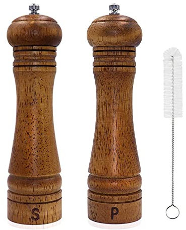 Molinillo de Pimienta y Molinillo Sal Manual Molinillo Especias de Madera Grande Molinillo de Cerámica Ajustable Fuerte con Cepillo de Limpieza, 2 Piezas(8 Pulgadas)