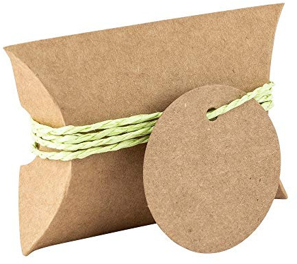 Ideen mit Herz Kraftpapier-Kissentaschen | 50 Stück | 6,5 x 9 cm | 230g/m² | inkl. Anhänger & Bänder | kleine Geschenkschachteln, Geschenkboxen | ideal für Gastgeschenke (hellgrüne Papierkordel)