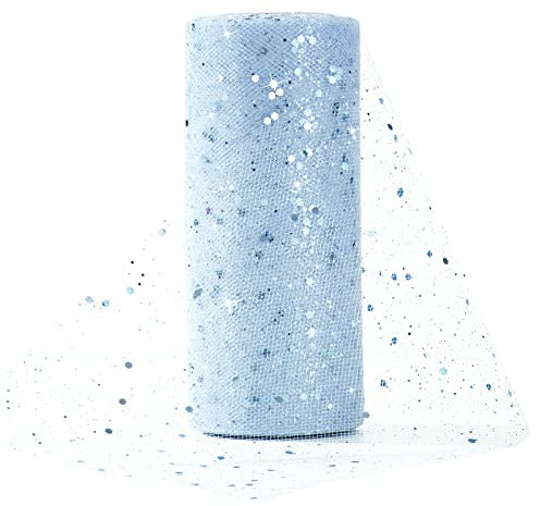 Tüll Stoff 15cm x 25Yards Glitzer Dekostoff Mit Kleine Pailletten Rolle für Hochzeit Party Bankett Deko Handwerk Tischedeko Geschenk Bogen Tüllband Blau