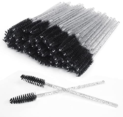 SWKJ 60 PCS Disposable Eyelash Brushes, Spoolies Eyebrow, Mascara Wands Applicator Lash Brushes Castor Oil Brush Cosmetic Makeup Tools(Crystal-black)