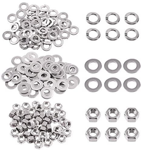Swpeet Assortiment de 150 écrous hexagonaux M5 et rondelles plates en acier inoxydable avec rondelles de verrouillage fendues, écrous hexagonaux à filetage grossier pour une utilisation domestique et